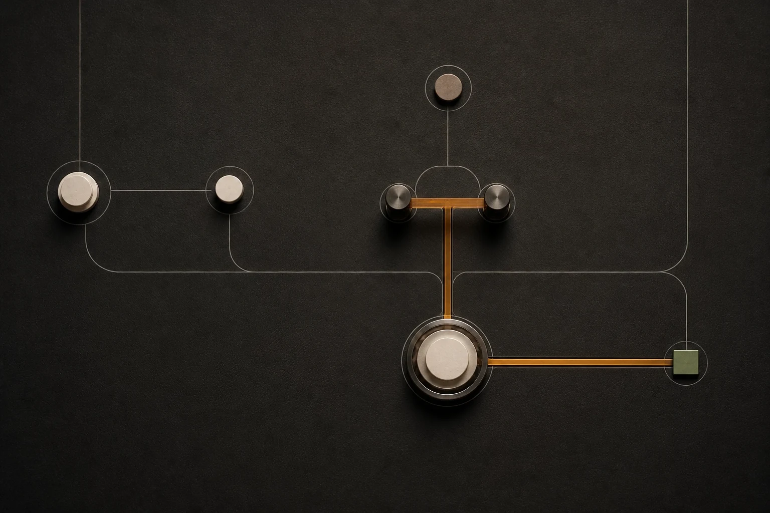Top-down Playbook operating map with ivory owner and source markers, a smoked-metal decision gate, an amber route, and a proof-green terminal.